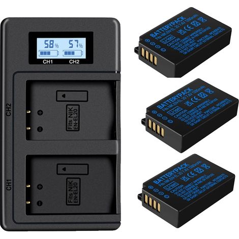 Kameraakku, Dual-USB-Ladegerät, kompatibel mit digitalen Kompaktkameras, 3 Batterien 1 Ladegerät (1/2)