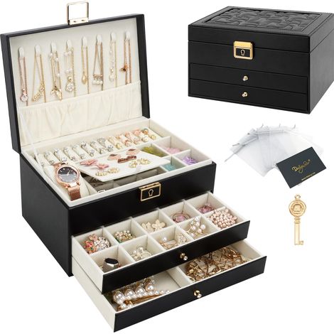 Boîte à bijoux, Organisateur de bijoux avec 2 tiroirs, Boîte de rangement de bijoux en cuir à 3 couches avec serrure, Coffret à Bijoux pour collier, d'oreille, bracelet, Noir (1/5)