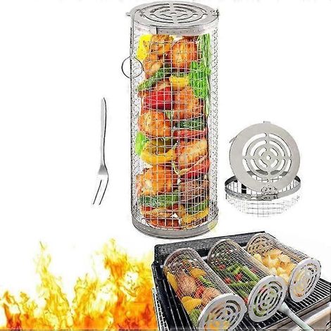 Paniers à griller roulants pour barbecue extérieur, tube en acier inoxydable à mailles rondes, cage cylindrique rotative, accessoires de cuisson pour barbecue. (1/5)