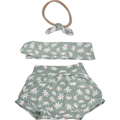 Ensemble bébé short et serre-tête motif floral vert élégant portable, accessoires cheveux, fond vert, 90cm/35.4in (1/5)