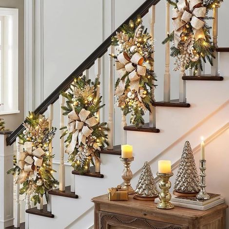2 Pièces Couronne d'escalier de Noël avec Guirlande Lumineuse, Guirlande Lumineuse pour escaliers, cheminée, décorations de Noël