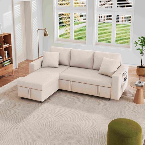 Sofá cama de 3-4 plazas - 219,5 x 142,5 x 83 cm - Sofá esquinero con chaise longue y espacio de almacenamiento - Sofá cama de lino beige (1/5)