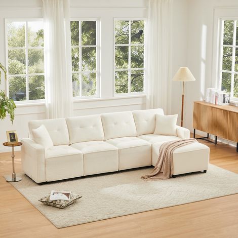 Sofá de 4 plazas en terciopelo acanalado - 280 x 146 x 85 cm - Sofá modular con cofres de almacenamiento y puf - Beige (1/5)