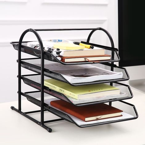 Classeur de bureau 4 compartiments en maille métallique durable noire, assemblage simple, organiseur de documents de table. (1/3)