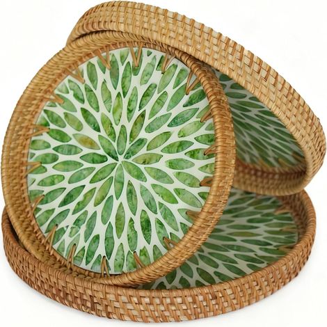 Plateau rond en rotin, lot de 3 - Plateau décoratif pour table basse ou pouf (8,7 à 11 po de diamètre, 1,2 po de hauteur) - Émeraude (1/5)