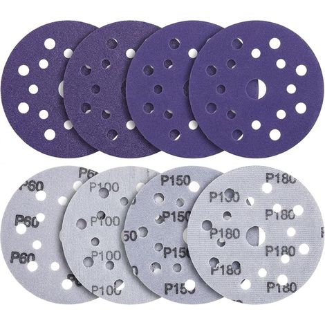 Papier abrasif 125 mm grain 60/100/150/180, 20 disques à poncer violets pour meuleuse d'angle – Ponçage humide/sec(17 Trous) (1/5)