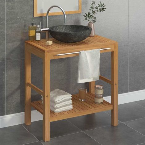 Armoire de salle de bain - Meuble de rangement en teck solide avec lavabo en marbre Noir BV506425 - BonneVie (1/5)