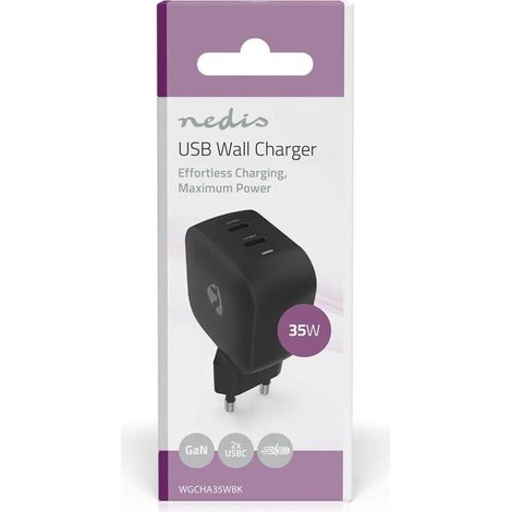 Nedis Netzladegerät / GaN / PD3.0 / 1.75 / 2.33 / 2.92 / 3.0 A / Anzahl der Ausgänge: 2 / 2x USB-C™ / Automatische Spannungswahl / Schwarz