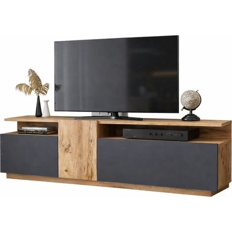 Meuble TV 55 Pouces 3 Portes 5 Niches Chêne et Gris L 150 H 46.3 P 29.5 cm (1/5)