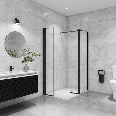 AICA paroi de douche avec retour pivotant 100+40x200cm avec une barre extensible paroi de douche pivotante 45x200cm profil en Noir mat (1/5)