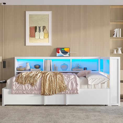Canapé-lit 90 x 200 cm, avec lit gigogne, compartiment de rangement, éclairage LED et ports USB, blanc (1/5)