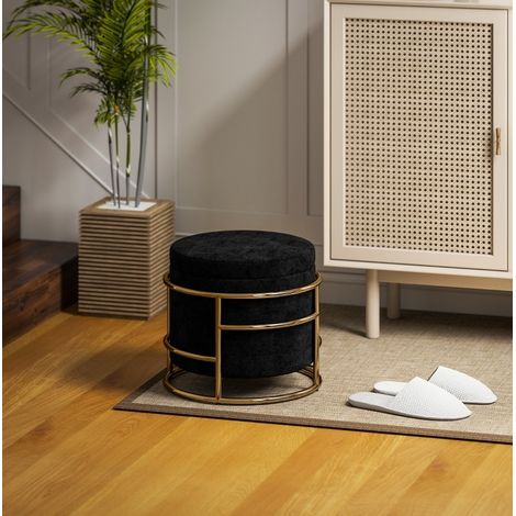 Puf con almacenaje Ø42x39 cm negro, asiento acolchado, metal dorado, sin montaje (1/5)
