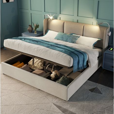 Lit coffre 180x200 cm adulte avec rangement hydraulique, liseuse LED et 2 ports USB, sommier à lattes, lin beige (1/5)