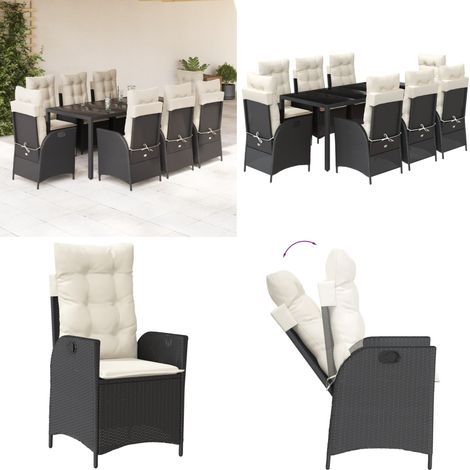 Set da Pranzo da Giardino 9 pz con Cuscini Nero in Polyrattan - Sedie da giardino reclinabili - Tavolo da giardino