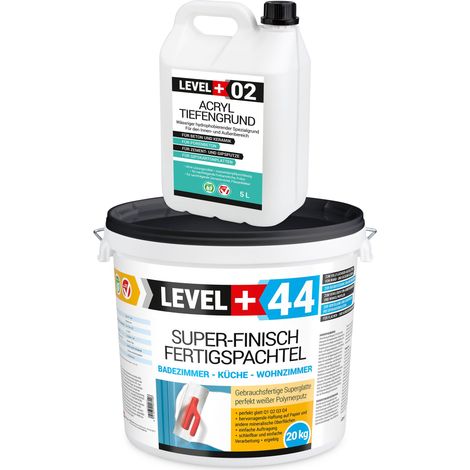 LEVEL+ Fertigspachtel 20kg Spachtelmasse und Acryl Tiefengrund 5L SET603 (1/3)