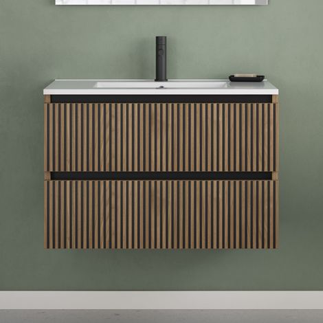 Meuble de salle de bain 80cm simple vasque - 2 tiroirs - sans miroir - noyer (bois foncé) - VENERIA (1/5)