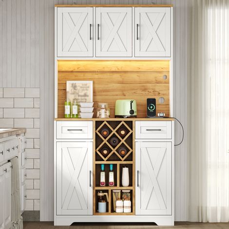 Buffet de rangement 105x40x180 cm, meuble de cuisine avec LED RGB, prise et ports USB, cave à vin intégrée, 2 tiroirs et portes style grange, MDF (1/5)
