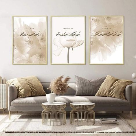Set di 3 poster con fiori dorati e citazioni in calligrafia islamica, stampe su tela 40x50 cm, decorazioni murali senza cornice. (1/5)