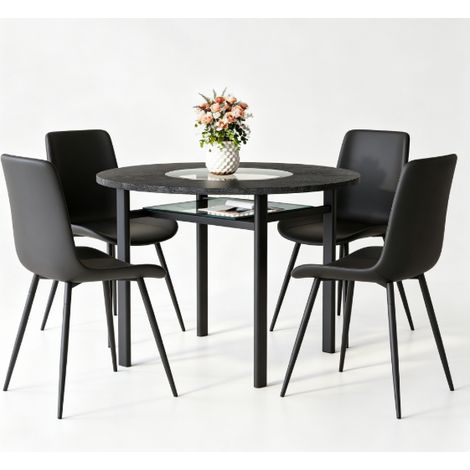 Set da pranzo con tavolo rotondo 100 cm e 4 sedie in PU nero, effetto legno nero, HOMVRA (1/5)