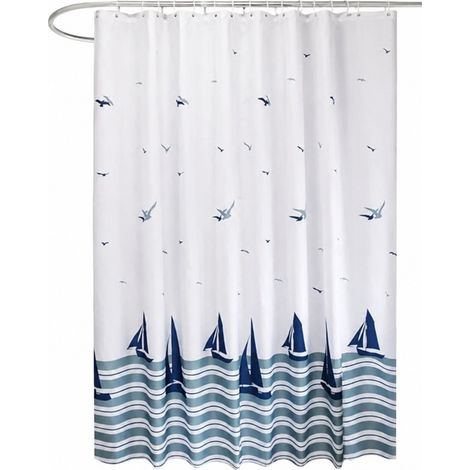 Rideau de douche à motif voilier bleu marine, 100 x 180 cm, ourlet lesté, résistant à la moisissure, lavable (1/5)