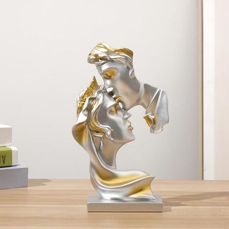 1 statue couple baiser, résine dorée, sculpture moderne, décoration bureau salon intérieur