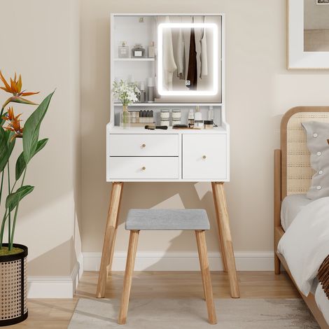 Puluomis – Coiffeuse avec miroir LED 3 couleurs – Dimensions 60x40x139cm – 3 tiroirs et 5 étagères ouvertes – Tabouret en éponge haute densité (1/5)