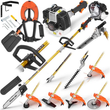 BAUMR-AG Benzin Freischneider Rasenmäher 5,2 PS 7in1 MEGA Set Motorsense Rasentrimmer Hochentaster Heckenschere Kettensäge