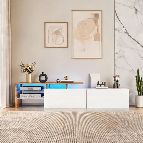 Meuble TV 170 cm blanc et bois avec étagères en verre et LED (1/5)
