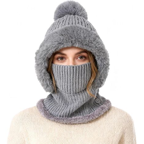 Strickmützen-Set mit Halswärmer und Gesichtsmaske, warm gefüttert, verstellbar, Grau (1/5)
