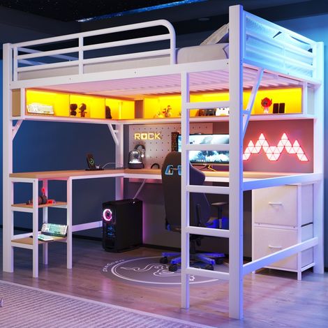 Lit Mezzanine Gamer Blanc avec Bureau-Étagère-Armoire-USB-LED - 204x145x180cm-Sans Matelas (1/5)