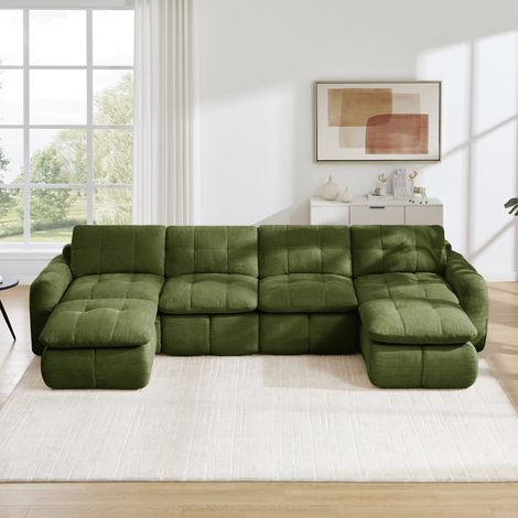 avec 2 poufs vert, Canapé modulable U 4 places chenille capitonné (1/5)