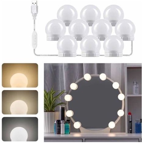 Lumière de Miroir 10 Ampoules Adhésif pour Coiffeuse Maquillage LED Miroir Hollywood Dimmable Lampe Coiffeuse USB 3 Couleurs