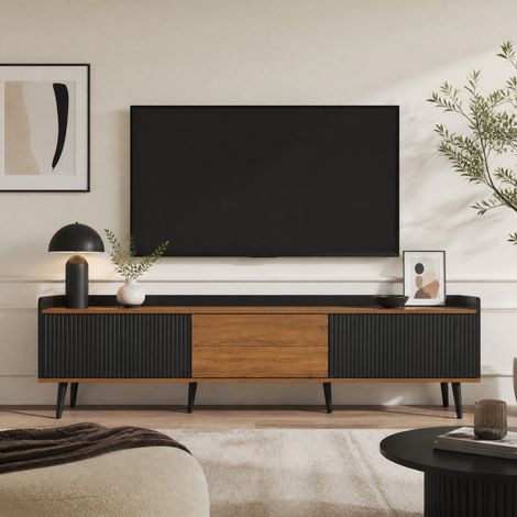 Mueble TV de 160 cm con 3 puertas, negro y madera natural, carga máx. 60 kg DESVIAE (1/5)