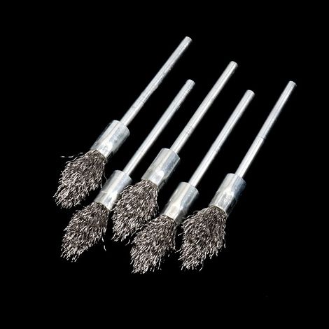 Set aus 5 länglichen Drahtbürsten mit 6-mm-Griffen zum Entlacken, Reinigen und Polieren von Metallen. Edelstahlbürsten mit Schleifköpfen für Maschinen.
