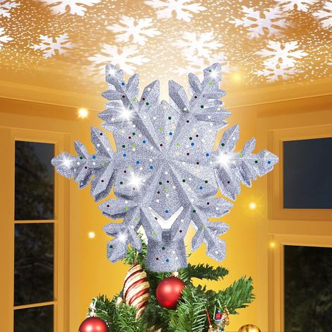 Puntale Per Albero Di Natale Con Proiettore A Stella Con Fiocco Di Neve Albero Di Natale Led 3d Magia Ruota Decorazione Per Albero Di Natale Argento Albero Di Natale Crest (1/5)
