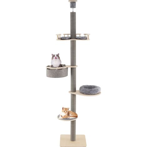 Arbre à Chat Haut à 5 étages - Meuble d'escalade en Bois - du Sol au Plafond - avec lit en Peluche, hamac et Plateformes - 236 à 271 cm - Gris (1/5)