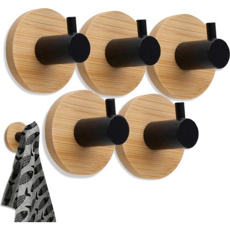 Selbstklebende Wandhaken – 5er-Set für Küche und Bad – Handtuchhalter ohne Bohren – Modernes Design aus Holz und schwarzem Edelstahl (1/2)