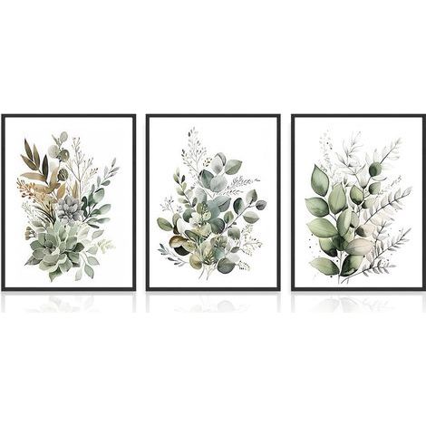 3Pcs Boho Wall Art Décor, 12x16 pouce Non Encadré, Feuilles Vertes Affiche Botanique Impression pour Salle de Bain Salon, Eucalyptus Feuilles Chambre Décoration Murale (1/5)