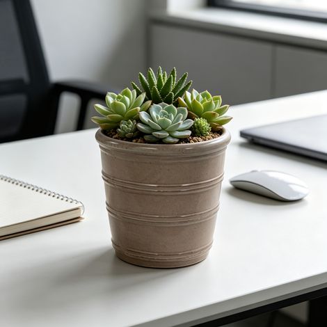 Vaso da fiori in ceramica artigianale singolo (Ø 24 cm), lucido taupe marrone con struttura a righe orizzontali, traspirante, resistente al gelo, con fori di drenaggio per piccole piante da interno e  (1/5)