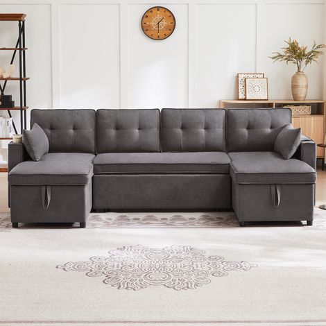 Canapé Lit U-Shape 270x130cm - Convertible avec Rangement Latéral - Porte-Gobelets et Poches de Rangement - Assise Mousse Haute Densité - 2 Coussins Inclus - Beige (1/5)