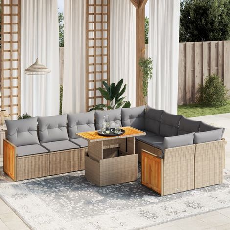 Salon de jardin modulable 10 pièces avec table relevable, coussins beige, résine tressée - PANGIVO (1/3)