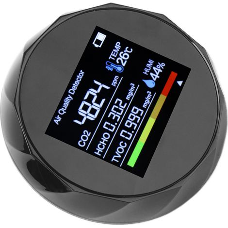 Détecteur de qualité de l'air multifonction : COVT, CO2, thermomètre et hygromètre numériques, chargement USB, noir (1/5)