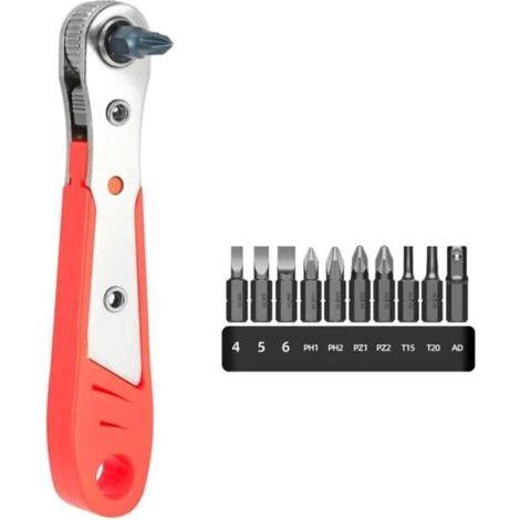 Clé à cliquet magnétique 110 mm 1/4", mini tournevis à cliquet, jeu de 10 embouts, tournevis réversible pour gadgets, voitures, maisons, machines et autres appareils. (1/4)