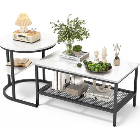 Lot de 2 Tables Basses Gigognes avec Rangement Effet Marbre Noir et Métal Doré pour Salon (1/5)