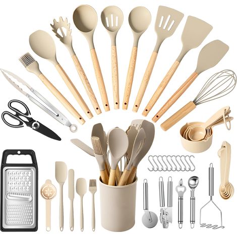 Juego de utensilios de cocina, juego de herramientas de silicona de 44 piezas, diseño resistente al calor, color caqui. (1/2)
