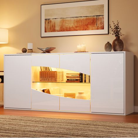 Credenza vetrina 160×35×70 cm in MDF bianco, LED RGB e 6 vani - MEUBLIV (1/5)