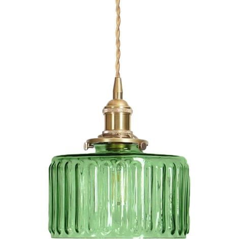 Luminaire Suspension Industriel Vintage en Verre Vert, Douille E27 en Laiton avec Interrupteur, Lampe Suspendu Réglable en Hauteur