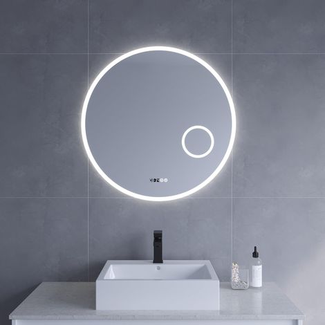 AQUABATOS® Badspiegel mit Beleuchtung Rund 80 cm LED Schminkspiegel Uhr Kosmetikspiegel Wandspiegel Badezimmerspiegel Lichtspiegel Dimmbar Touch für Wandschalter Kaltweiß 6400K Spiegelheizung (1/5)