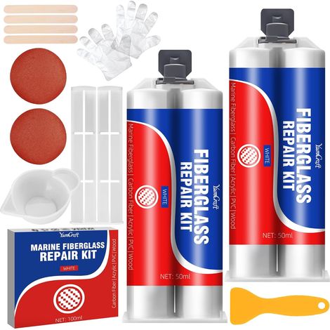 Kit de Réparation en Fibre de Verre Marine 100ml Blanc  kit de revêtement en gel pour Bateaux Jet-Skis Kayaks Planches de Surf  Répare Rayures Fissures Trous Verre Céramique Acrylique (1/5)