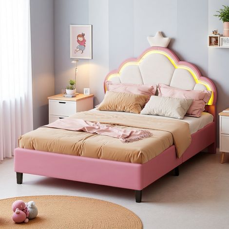 Pink Single Bed for Girls Princess Bed 90x190 Kids Bed with RGB LED Cloud Crown Headboard Velvet Toddler Bed Frame Kids Beds Girls Single Bed Pink